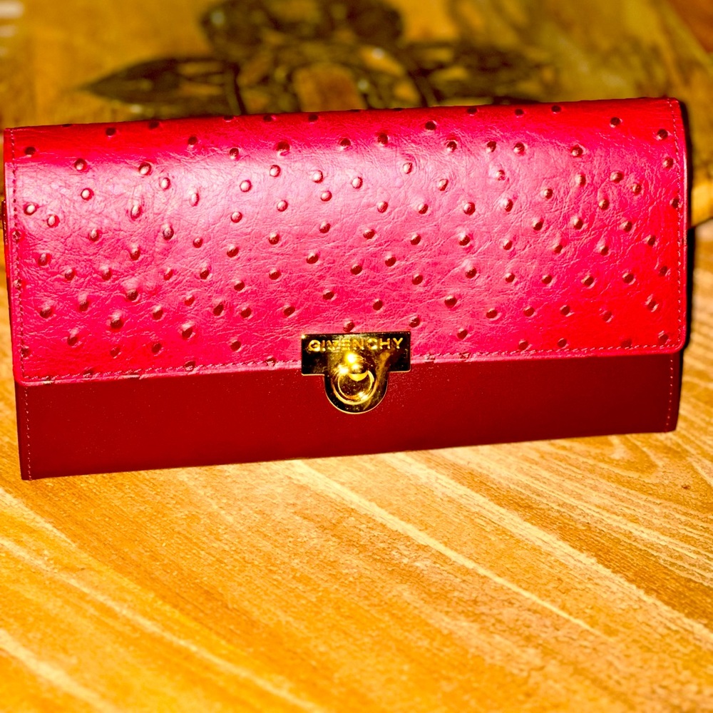 Givenchy Vintage Ostrich embossed Leather Long Wallet w/ generic chain